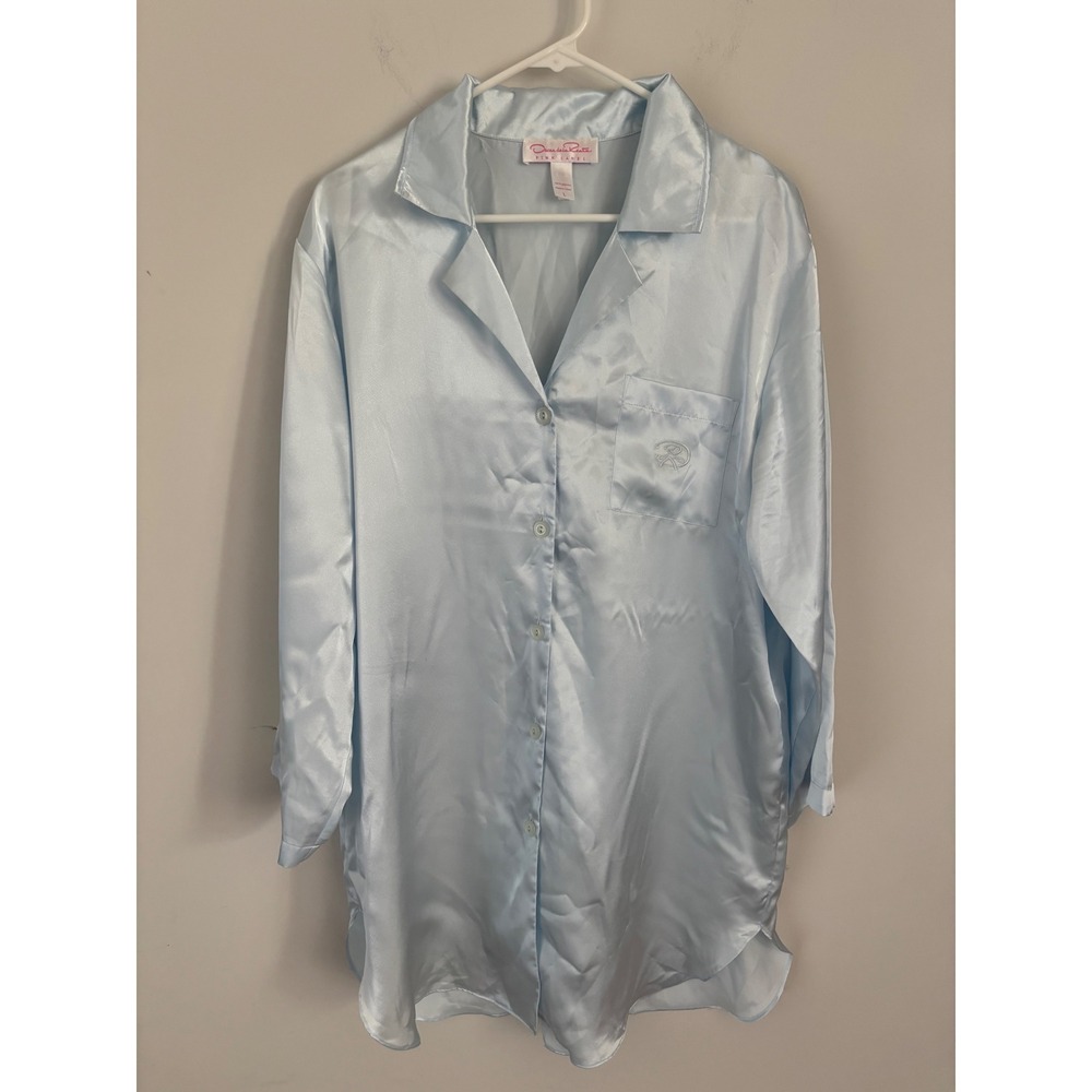Oscar de la Renta Pink Label Blue Satin Nightshirt Long Sleeve Sleep Shirt L
